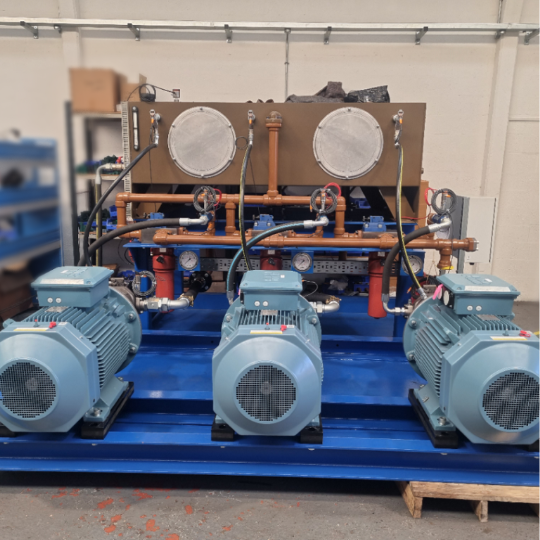 Hydraulic Power Unit being built in our workshop. This hydraulic unit consists of variable speed synchronous motors which provides huge energy savings for the steel industry.